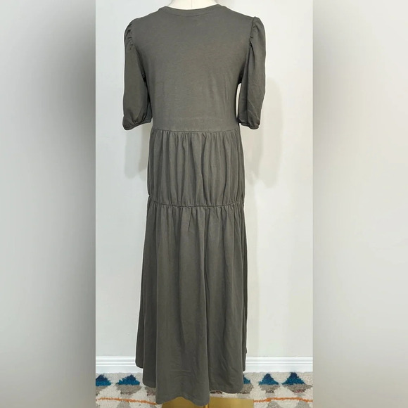 ZARA Cottagecore Tiered Olive Green Maxi Dress Short Bubble Sleeve Size Small - Picture 3 of 7